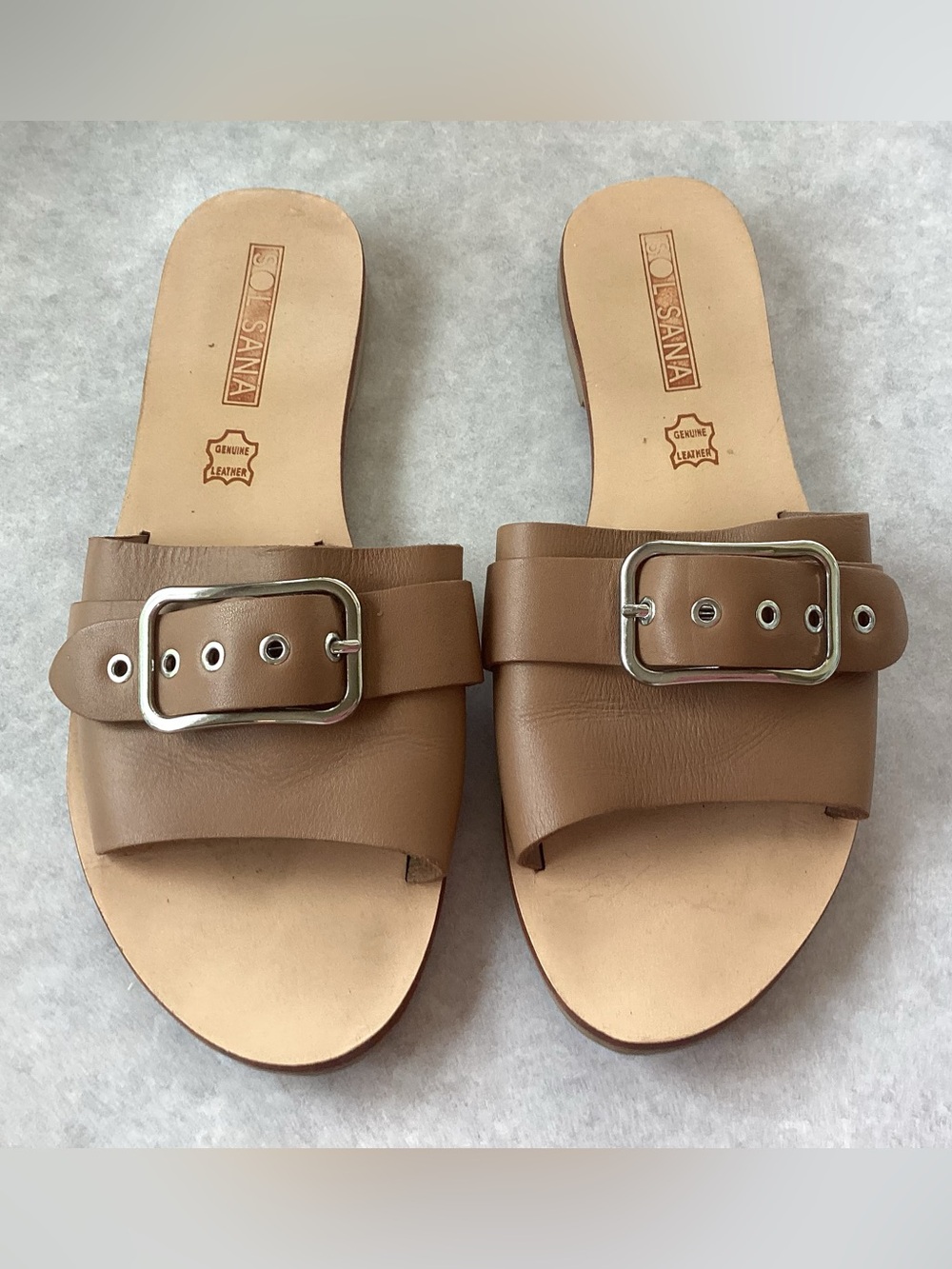 Sol Sana Genuine Leather Grommet Statement Buckle slide Sandals cognac US 7.5 🤎